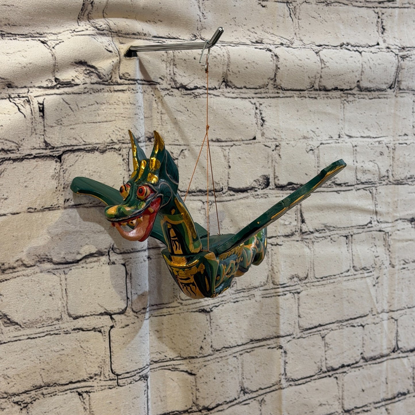 35cm Green Dragon Folk Art Carved Wood Flying Winged Mobile Spirit Guardian1