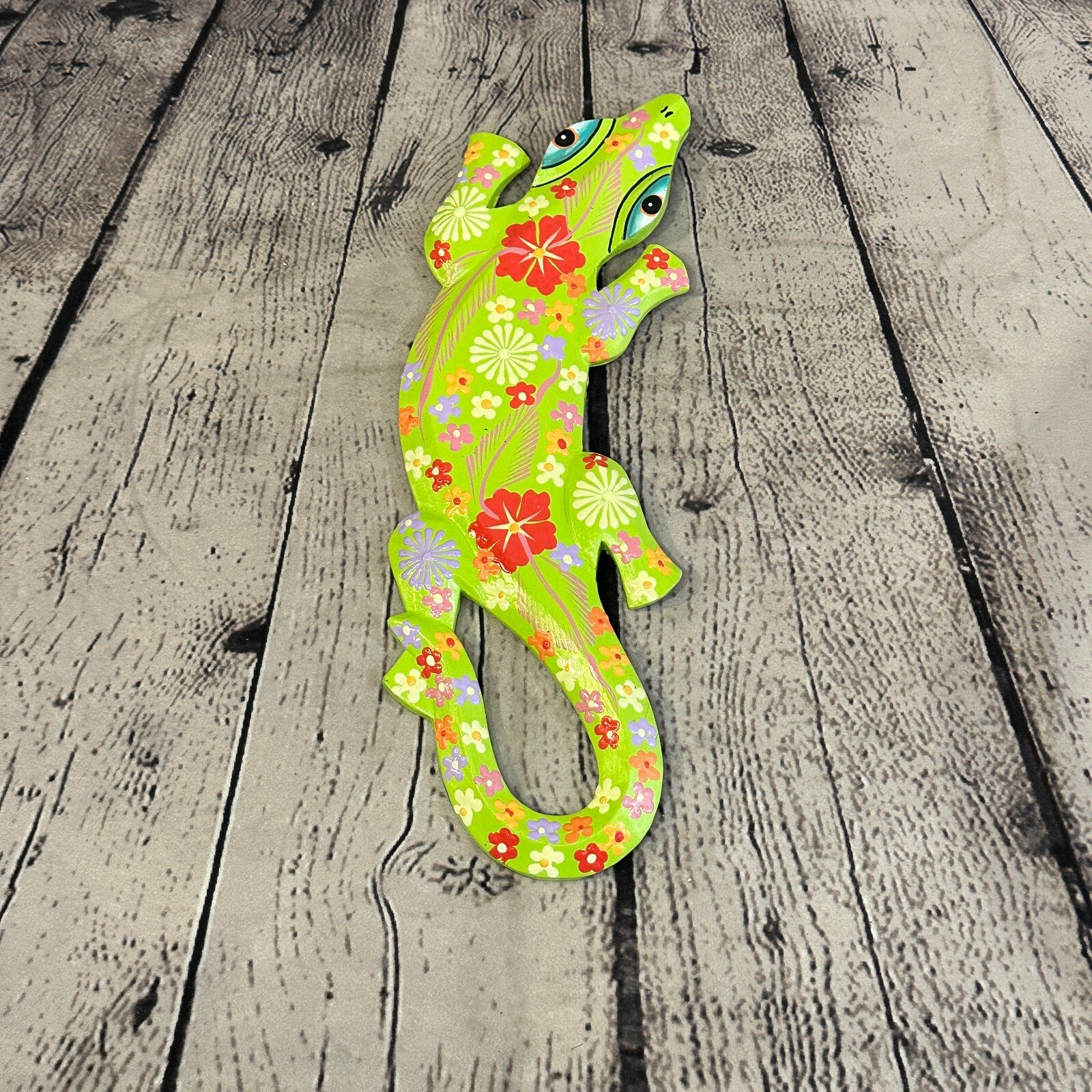 30cm Gecko Lizard Green Flower Wood Wall Hanging Wooden Ornaments Carving3