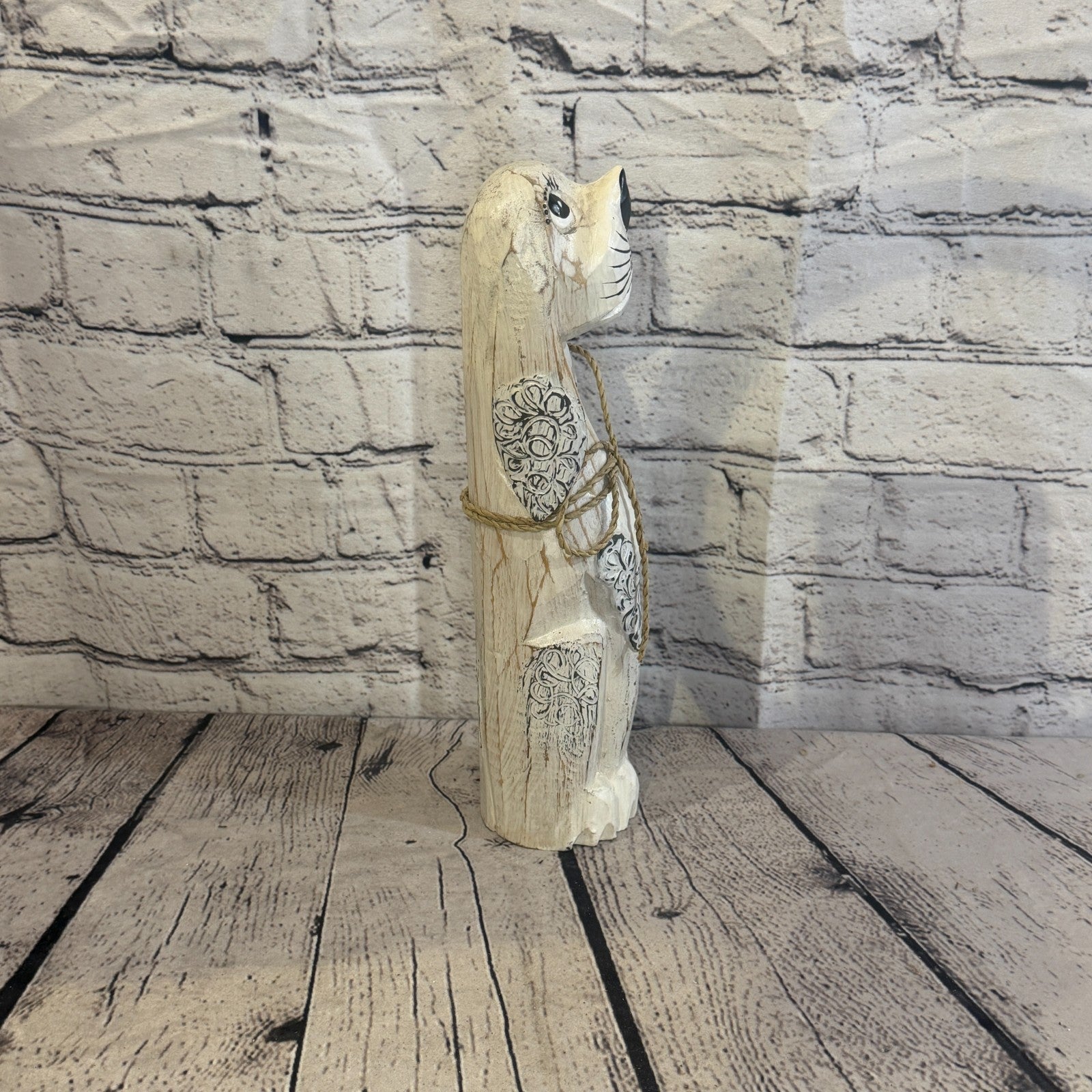 30cm White Wooden Shabby Dog Statue Ornament Fair Trade Handcarved3