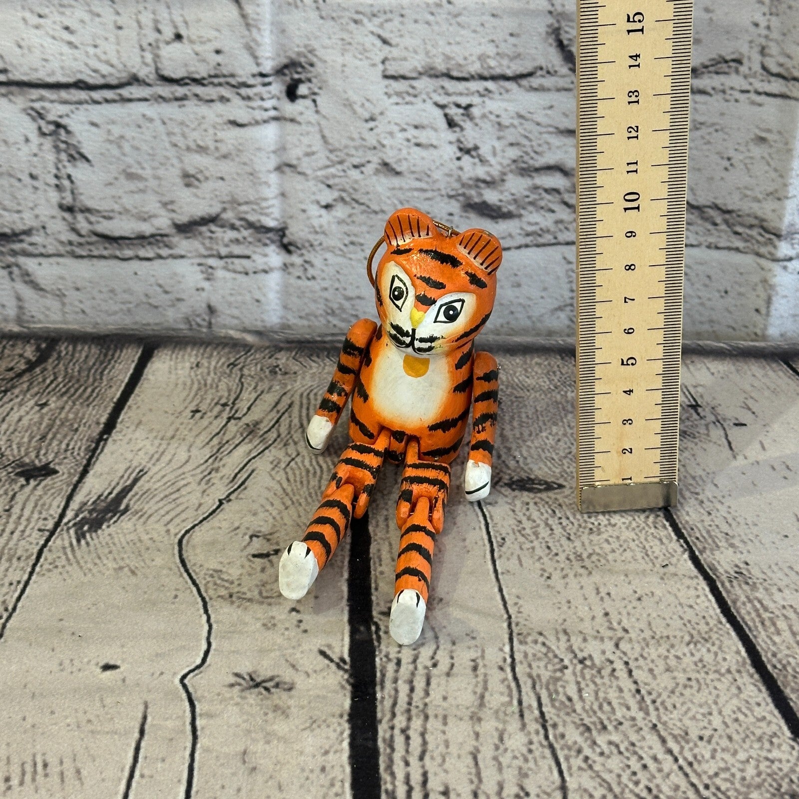 10cm Orange Tiger Sitting Animal, Wooden Shelf Ornament Handmade and Fairtrade6