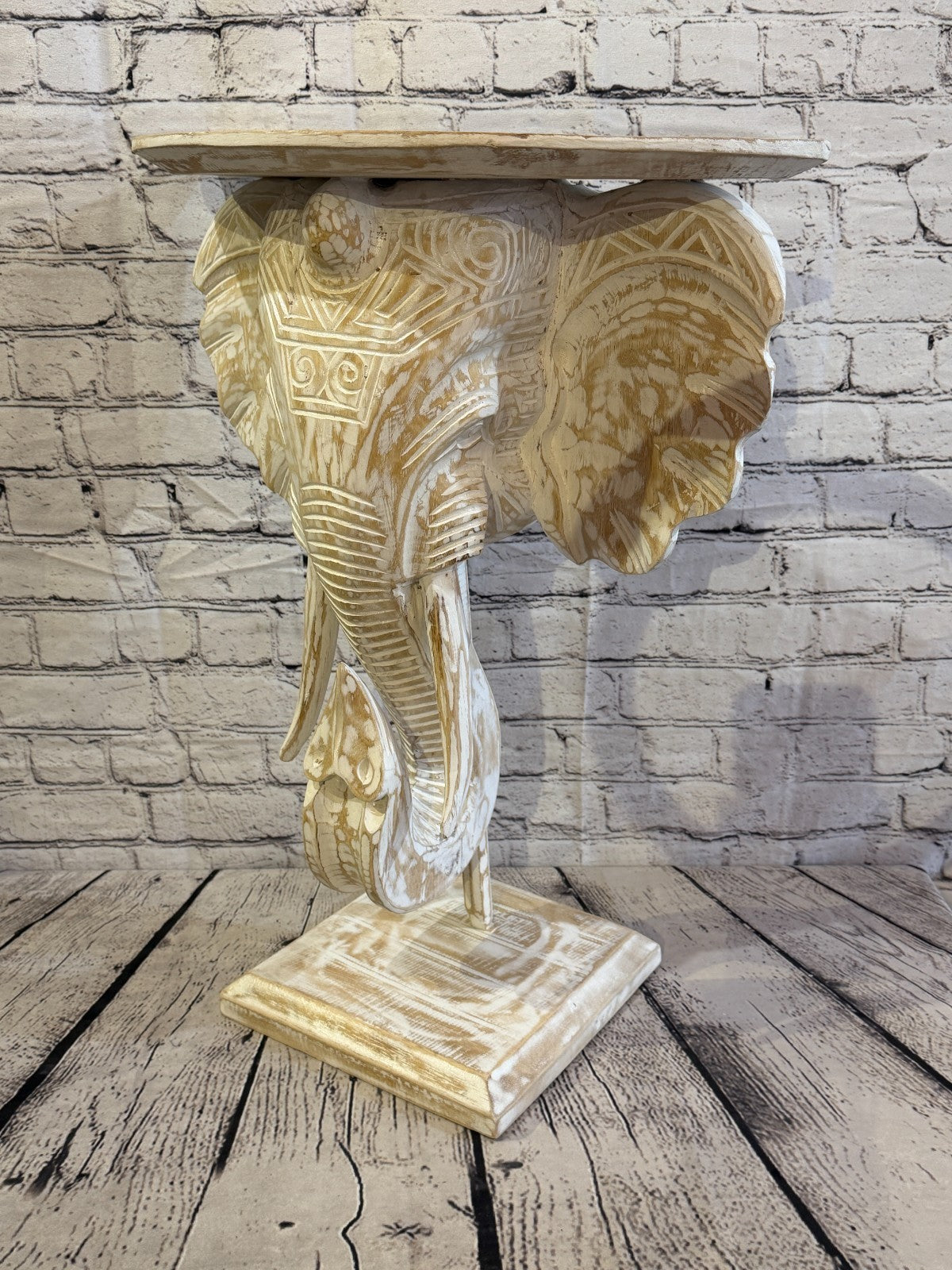 50cm x 45cm White Carved Wood Elephant Head Shelf Wall Mounted Art Large Shabby3