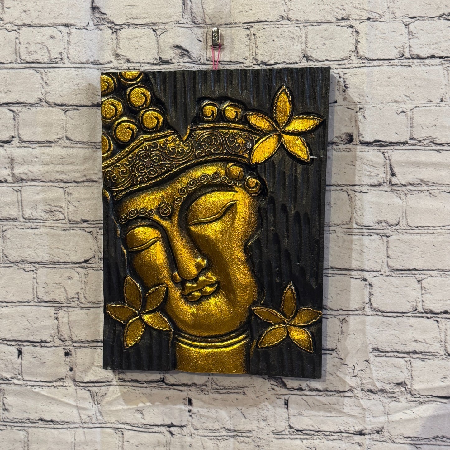 Wooden Wood Panel 40cm Gold Black Buddha Flower Wall Art Plaque Handcarved2