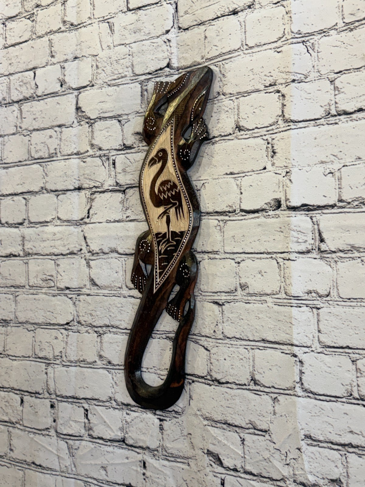 50cm Flamingo Gecko Carved Wooden Brown Work Painted Ethnic Tribal Tiki Wall Art1