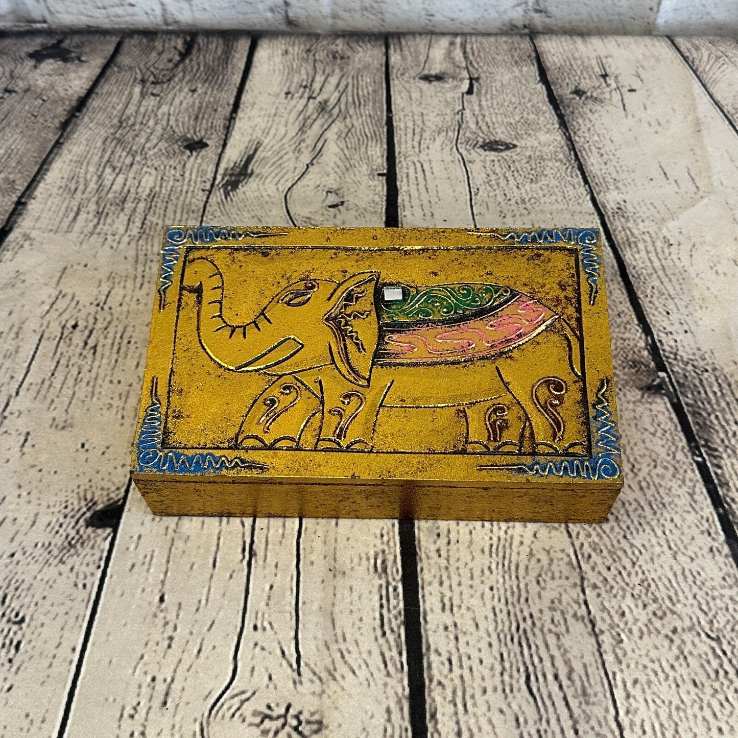 Bright Gold Thai Plain Elephant 20cm x 12cm x 5cm Wooden Box Trinket Handmade0