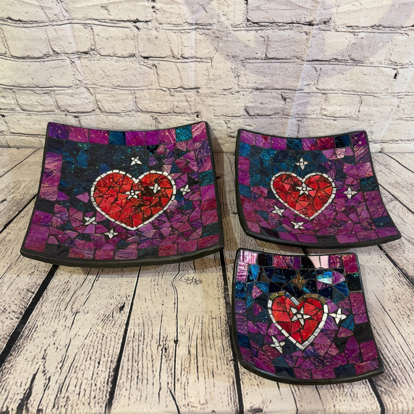 25cm Purple Red Heart Square Mosaic Handmade Ceramic Glass Tile Bowl Fruit4