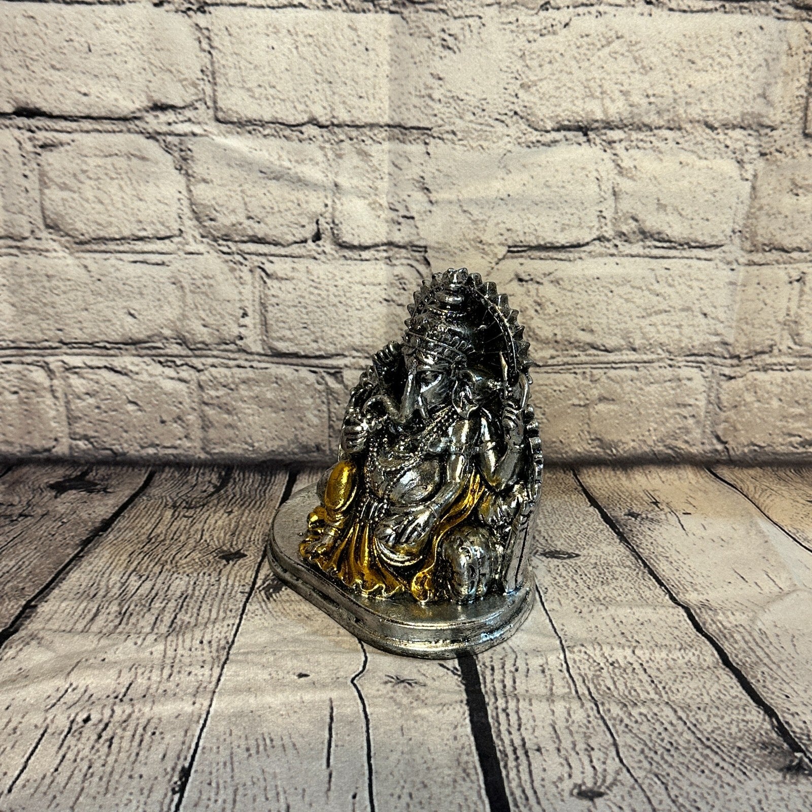 Silver And Gold 15cm Small Ganesh Ganesa Sitting On Seat Statue Resin Hindu1