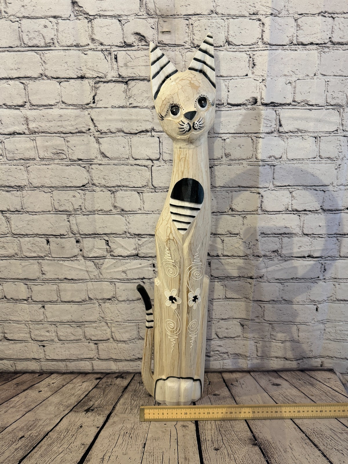 80cm White Flower Wooden Shabby Cat Statue Ornament Fair Trade Handcarved6