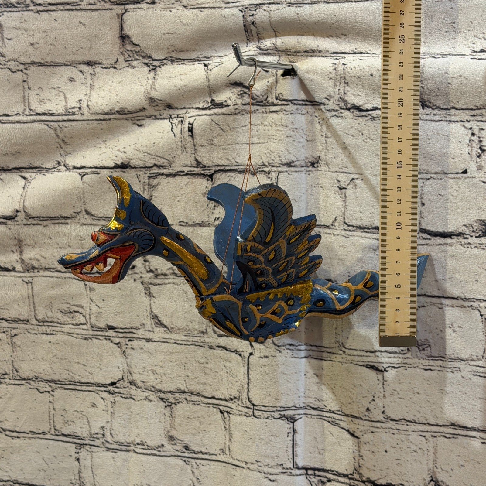 35cm Blue Dragon Folk Art Carved Wood Flying Winged Mobile Spirit Guardian2