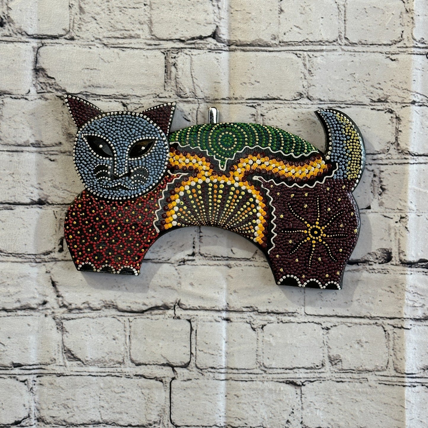 30cm Cat Carved Wooden Dot Painted Ethnic Tribal Tiki Wall Art Handmade No 20