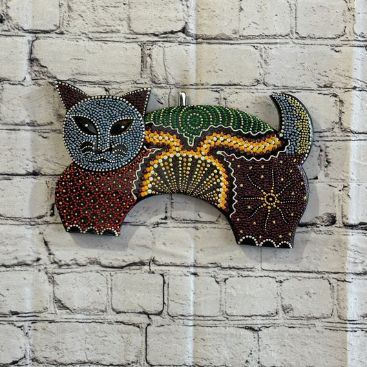 30cm Cat Carved Wooden Dot Painted Ethnic Tribal Tiki Wall Art Handmade No 20
