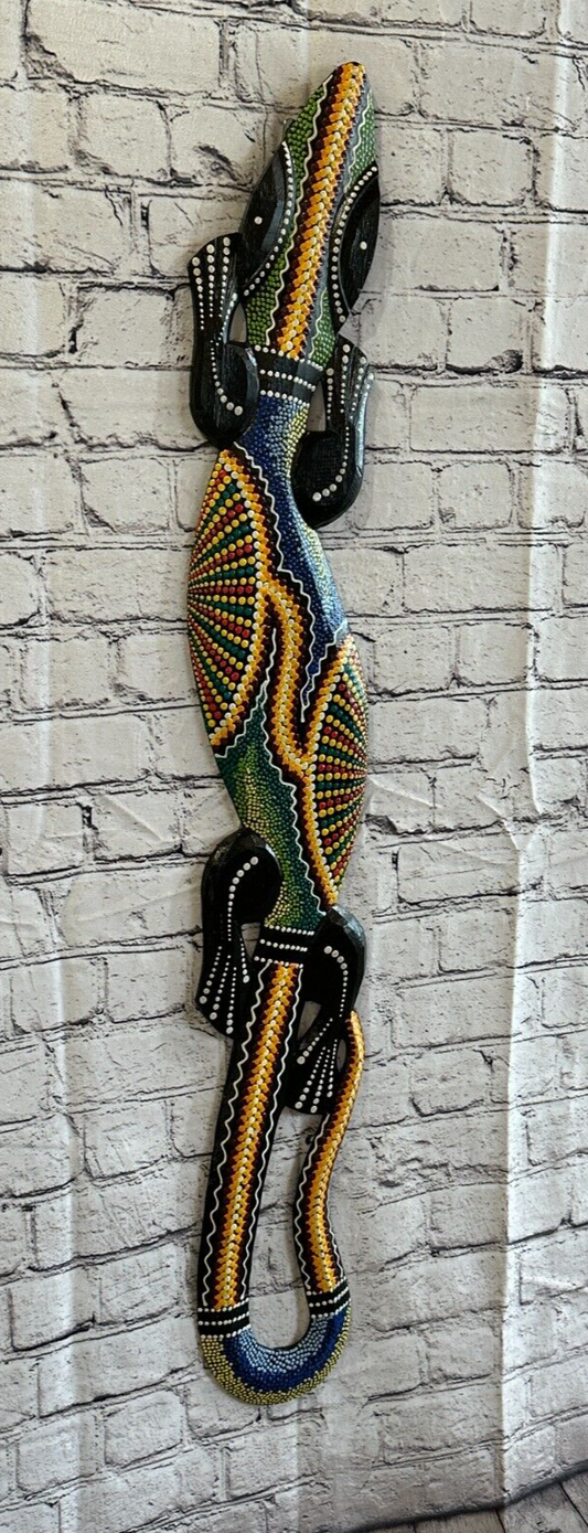 100cm Gecko Carved Wooden Dot Painted Ethnic Tribal Tiki Wall Art Handmade No 20