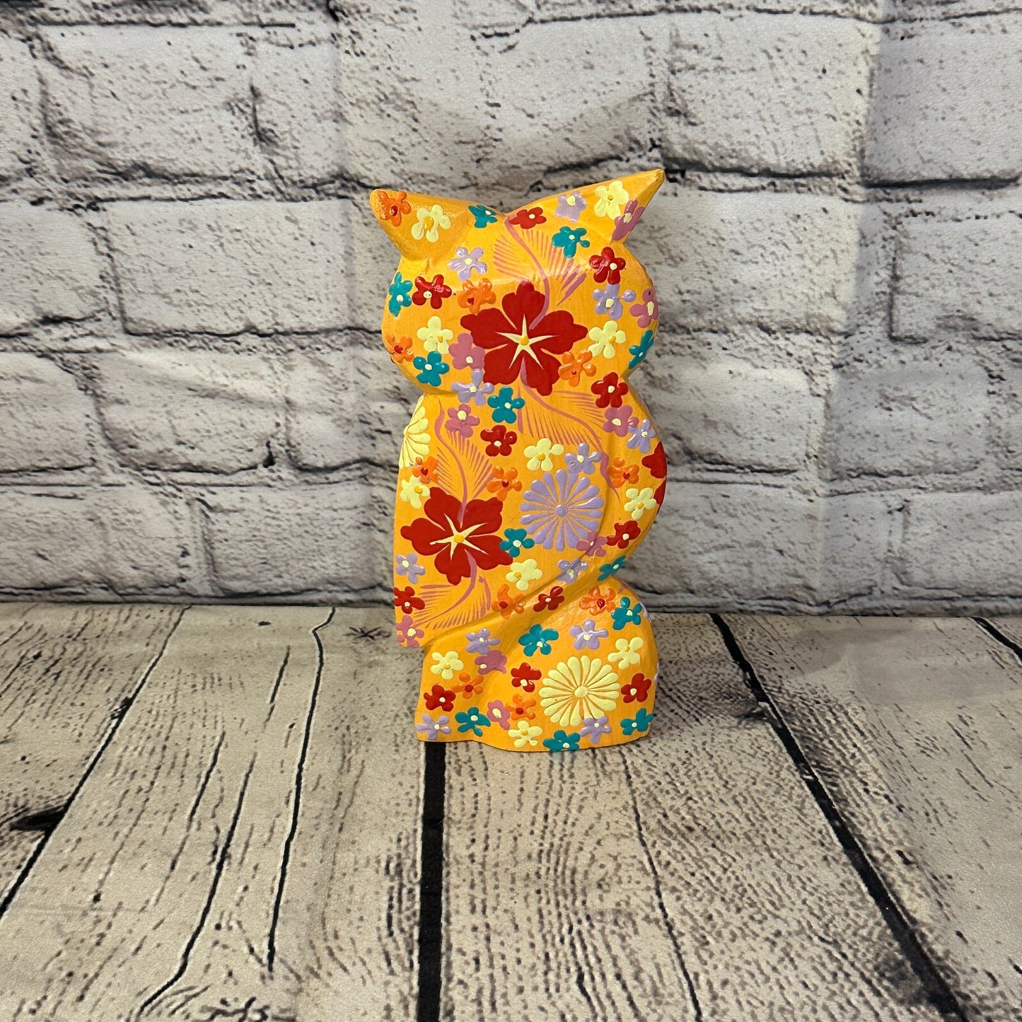Orange Large Wooden Owl With Flower Pattern 20cm x 8cm Handmade and Fairtrade4