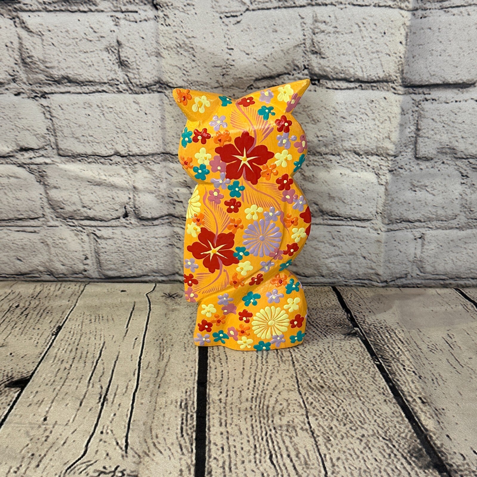 Orange Large Wooden Owl With Flower Pattern 20cm x 8cm Handmade and Fairtrade4