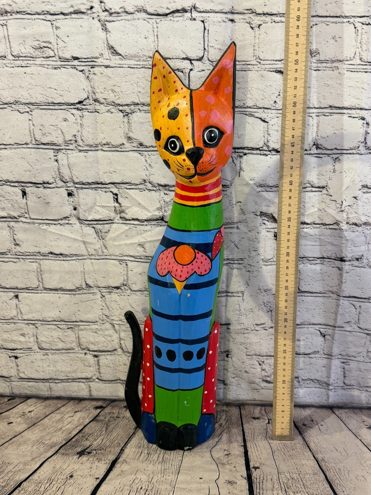 60cm Bright Mix Flower Wooden Shabby Cat Statue Ornament Fair Trade Handcarved5