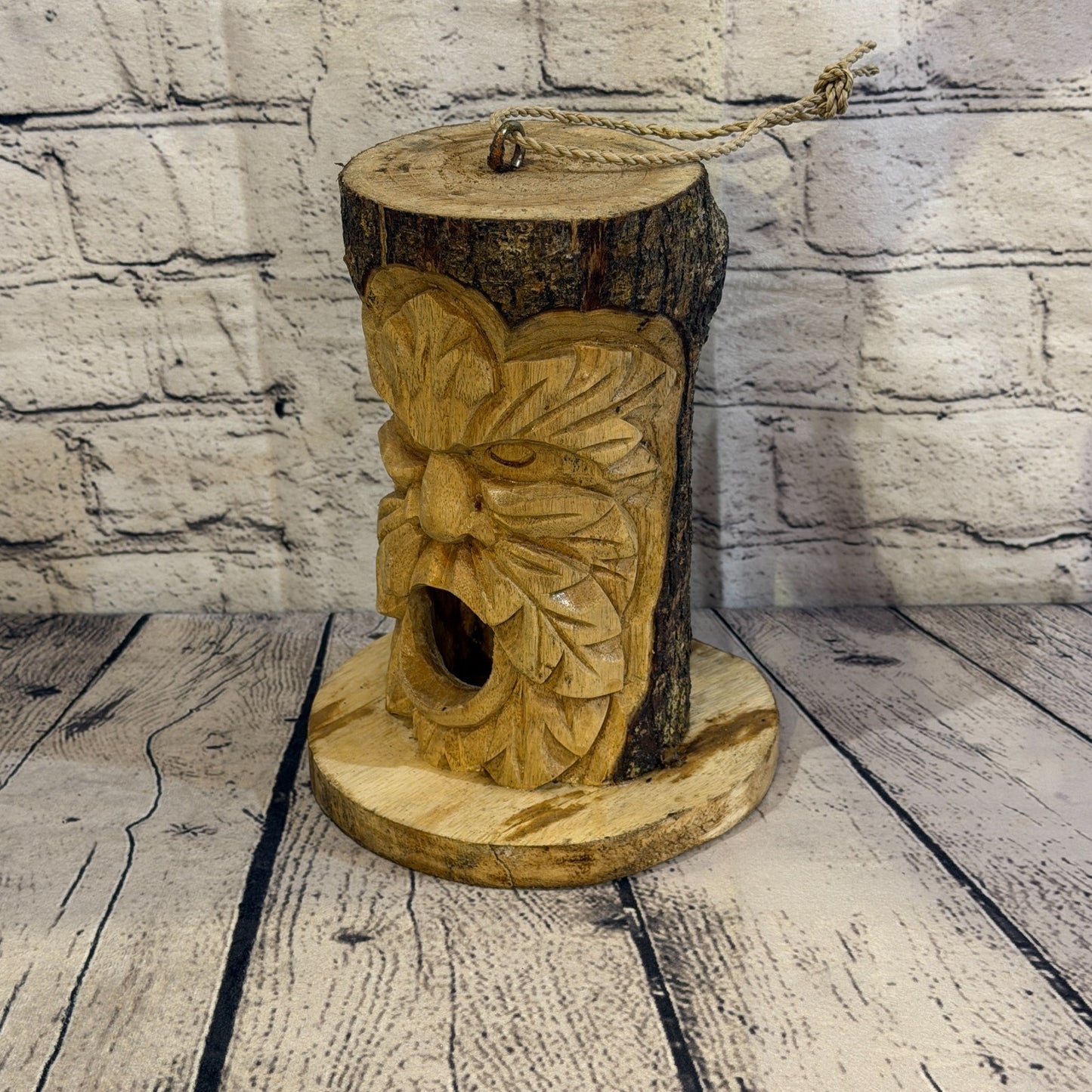 Green Man Of The Woods Bird House 20cm Carved Wizard Tree Trunk Wood Fairtrade1
