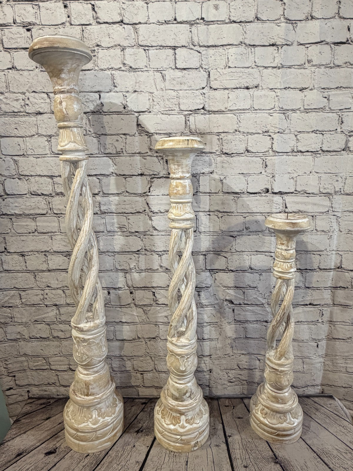 80cm x 18cm White Twist Wooden Vintage Style Candle Stand Shabby Pillar Holders7