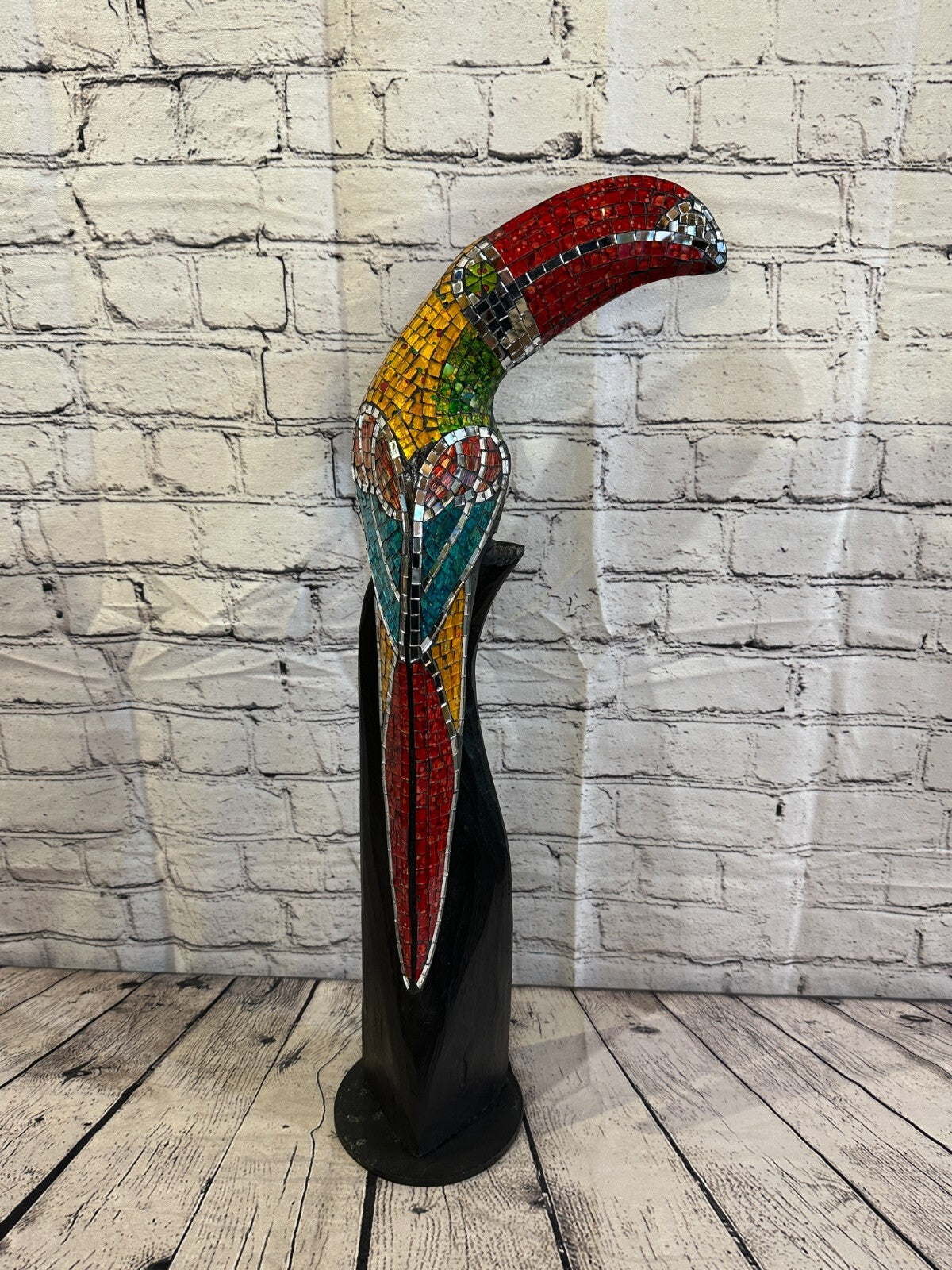 65cm Mosaic Toucan Bird Ornament Statue Fair Trade Handmade Carved Wood Design 51