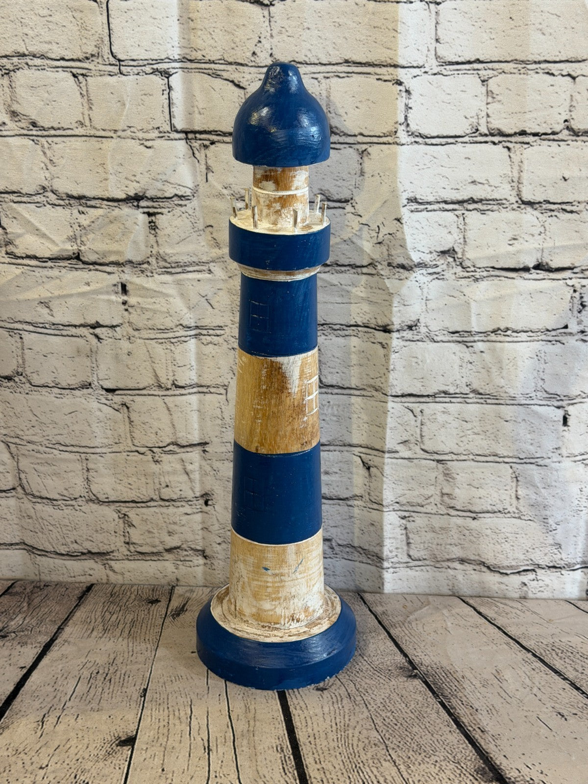 50cm Blue White Wooden Lighthouse Ornament Nautical Coastal Sculpture Statue0
