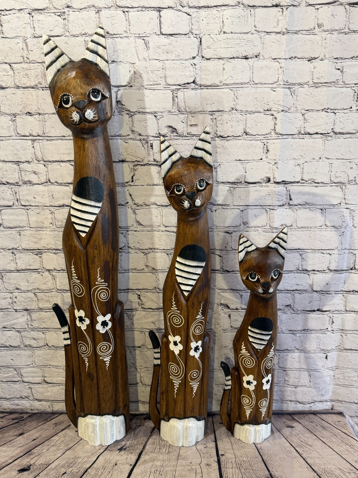 80cm Brown Flower Wooden Shabby Cat Statue Ornament Fair Trade Handcarved8