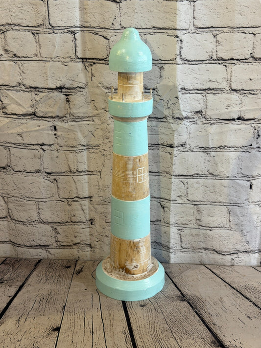 50cm Green White Wooden Lighthouse Ornament Nautical Coastal Sculpture Statue0