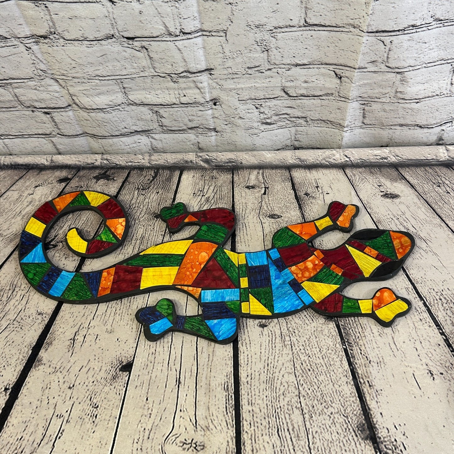 Rainbow Gecko Lizard Mosaic Tile Wall Hanging Mirror 50cm x 15cm Handmade New3