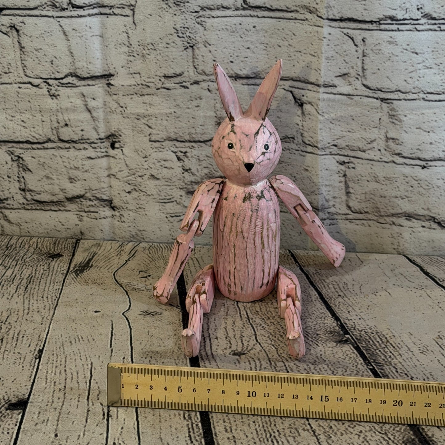 20cm Pink Bunny Rabbit Sitting Animal, Wooden Shelf Ornament Handmade Fairtrade6