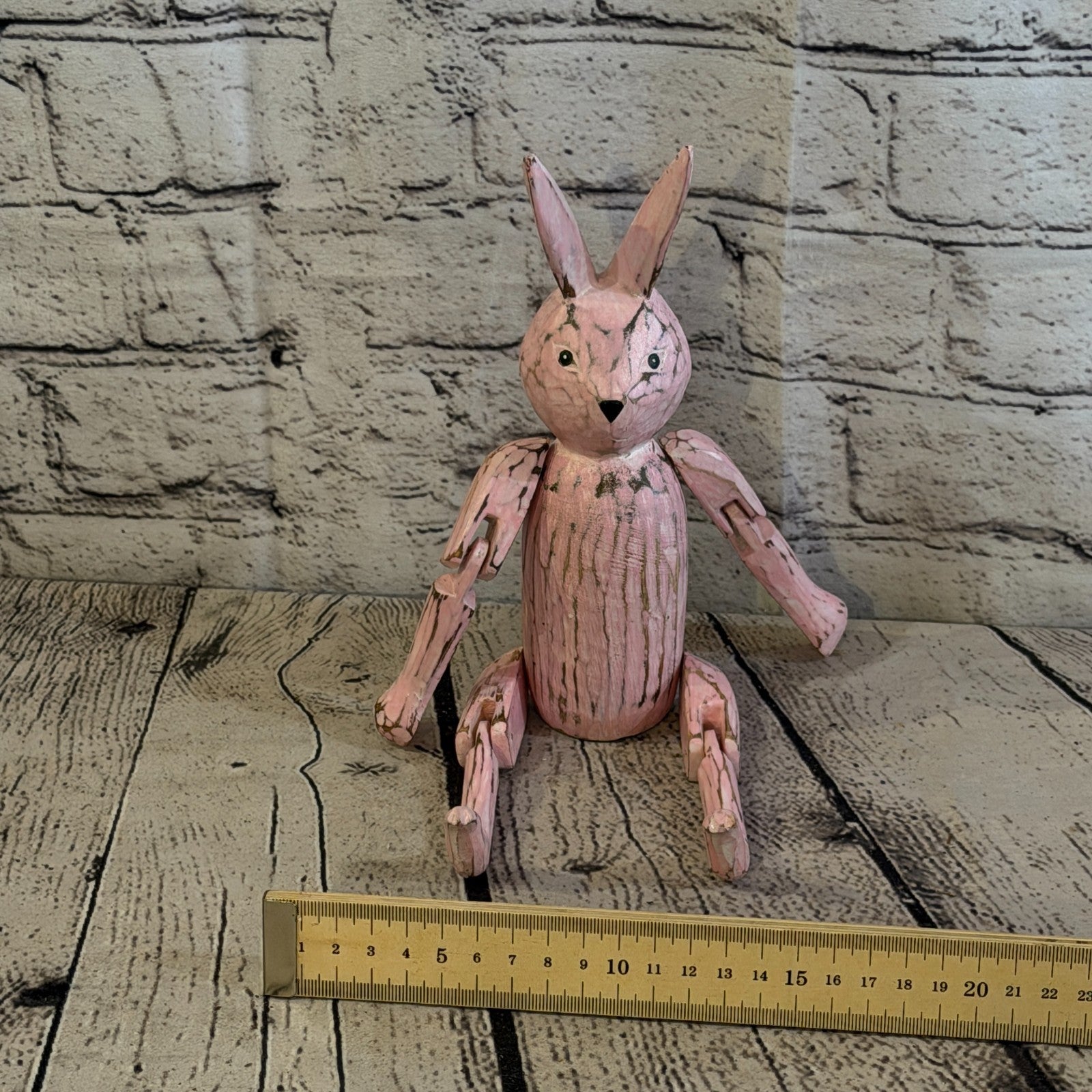 20cm Pink Bunny Rabbit Sitting Animal, Wooden Shelf Ornament Handmade Fairtrade6