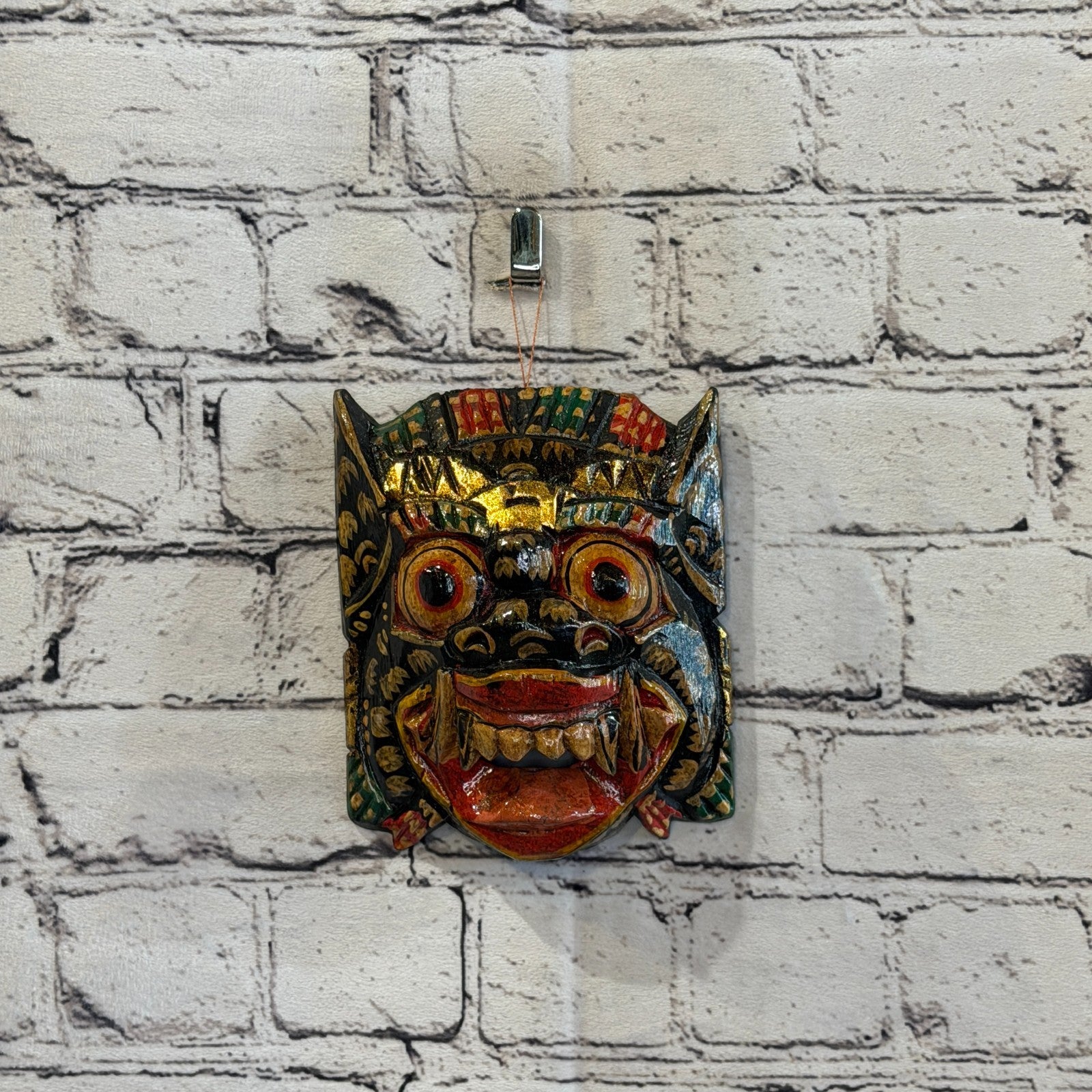 Small Wooden Black Barong Wall Mask 12cm x 12cm Handmade And Fairtrade Hindu2