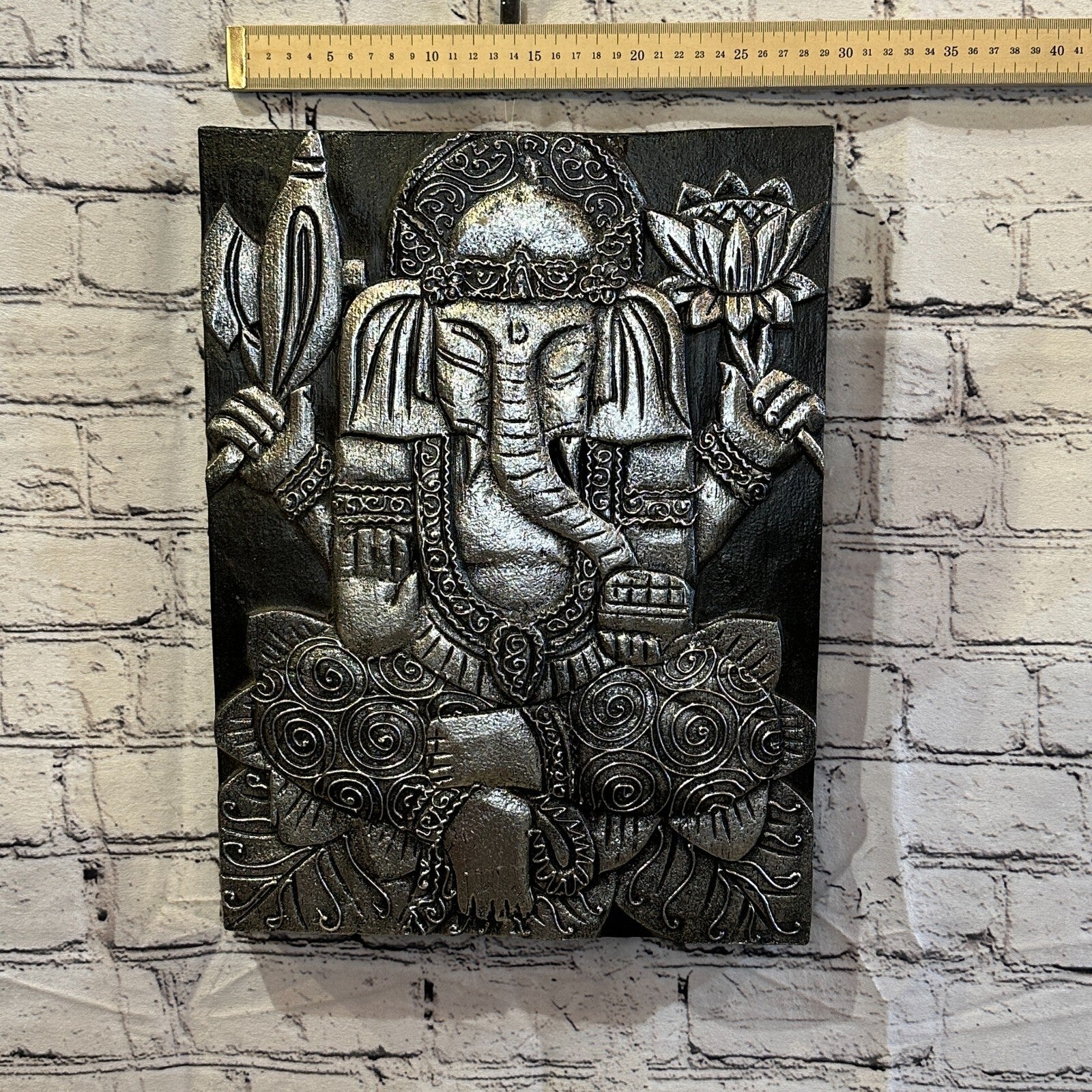 Wooden Wood Panel 40cm Brown Silver Ganesh Lotus Wall Art Plaque Handcarved3