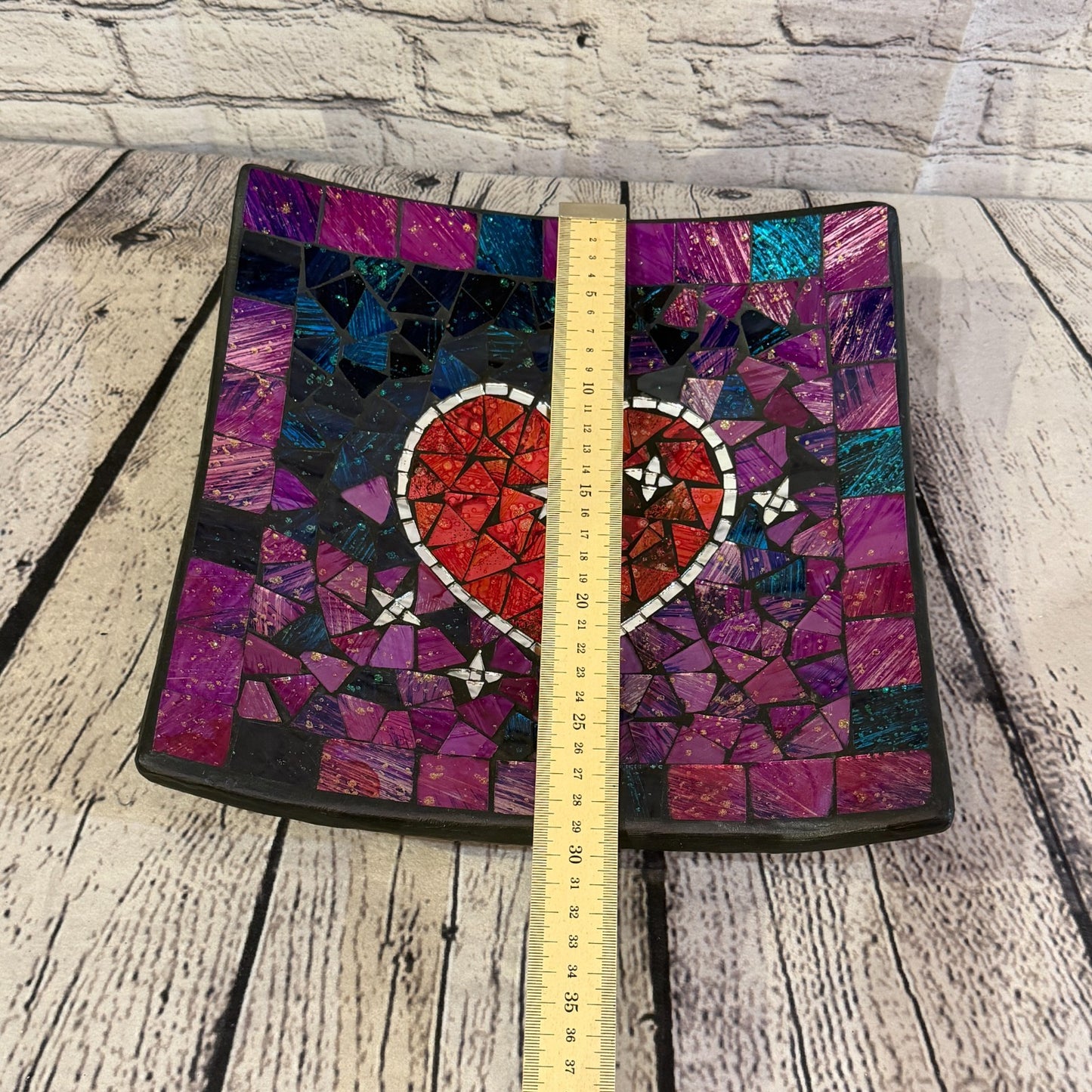 30cm Purple Red Heart Square Mosaic Handmade Ceramic Glass Tile Bowl Fruit2
