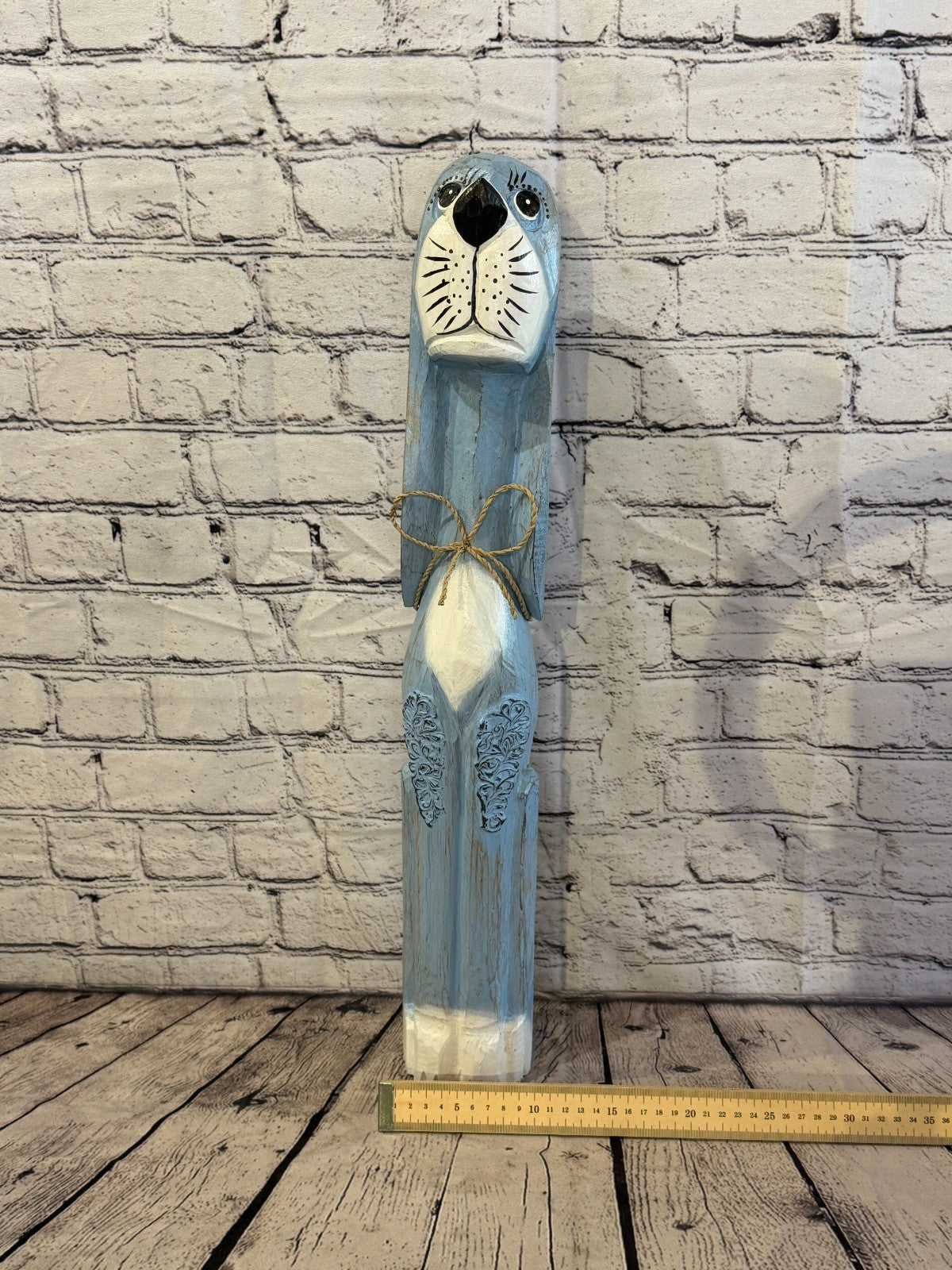 60cm Light Blue Wooden Shabby Dog Statue Ornament Fair Trade Handcarved6