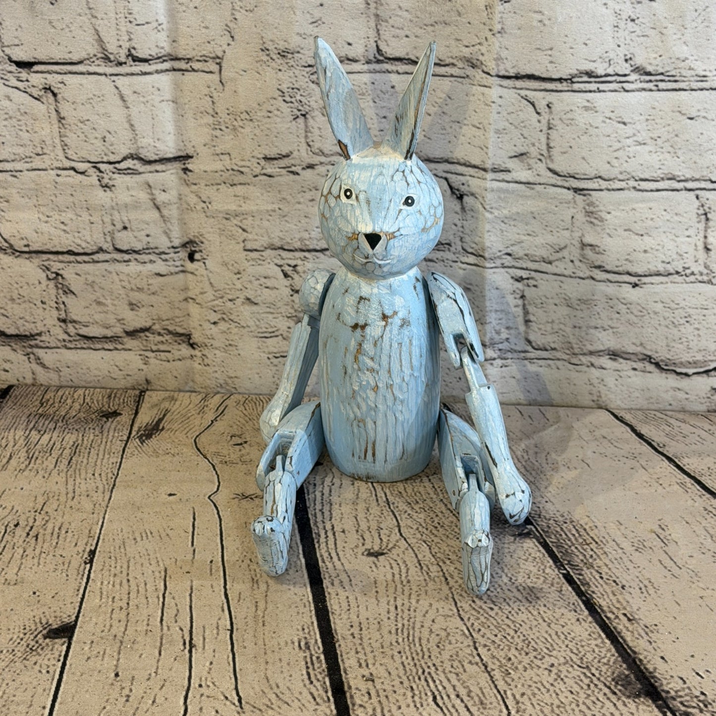 25cm Blue Bunny Rabbit Sitting Animal, Wooden Shelf Ornament Handmade Fairtrade1
