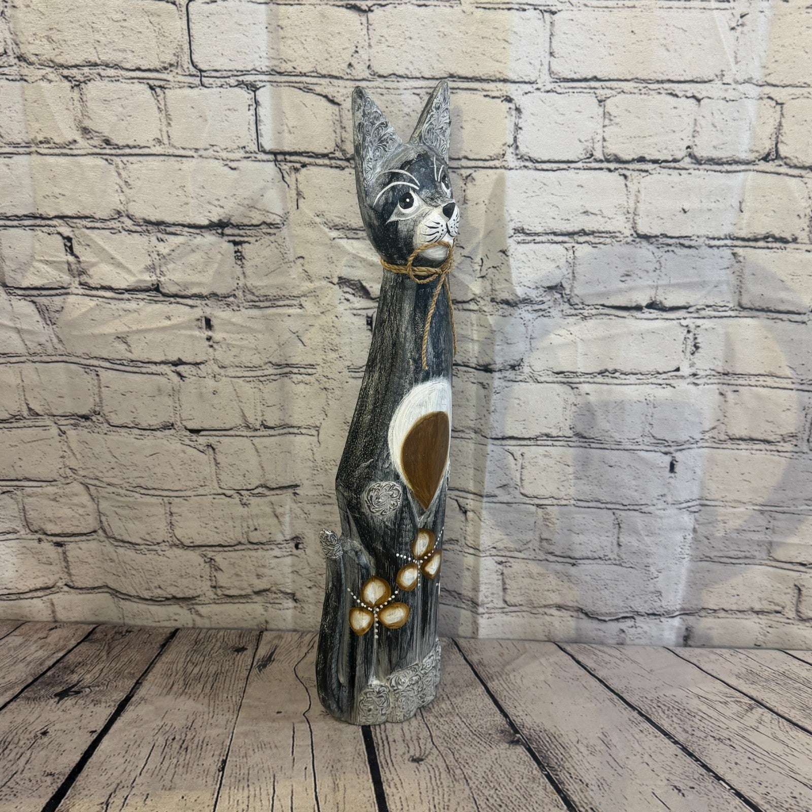 50cm Grey Silver Dots Wooden Shabby Cat Statue Ornament Fair Trade Handcarved2