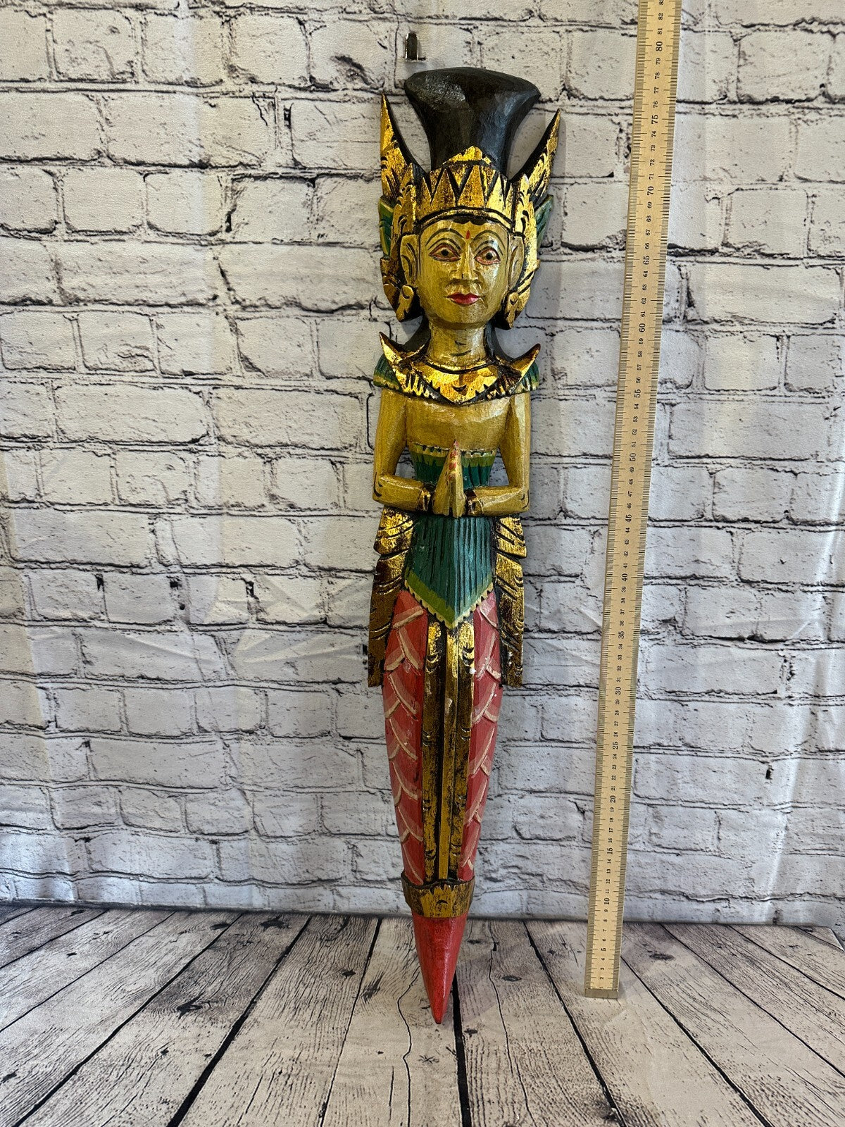 Old Antique Colour Sita Dewi Bali Rice Goddess Wings Mermaid Wood 80cm Pair7