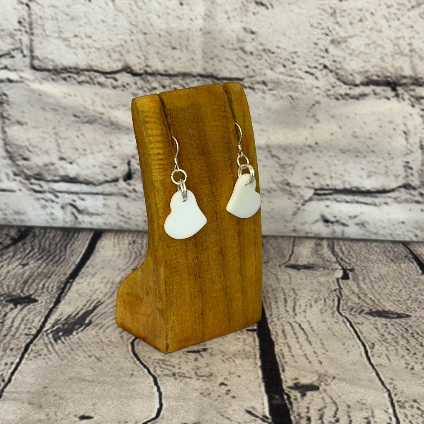 White Heart Recycled Silver Plate Dangle Drop Earrings Handmade UK Jewellery2