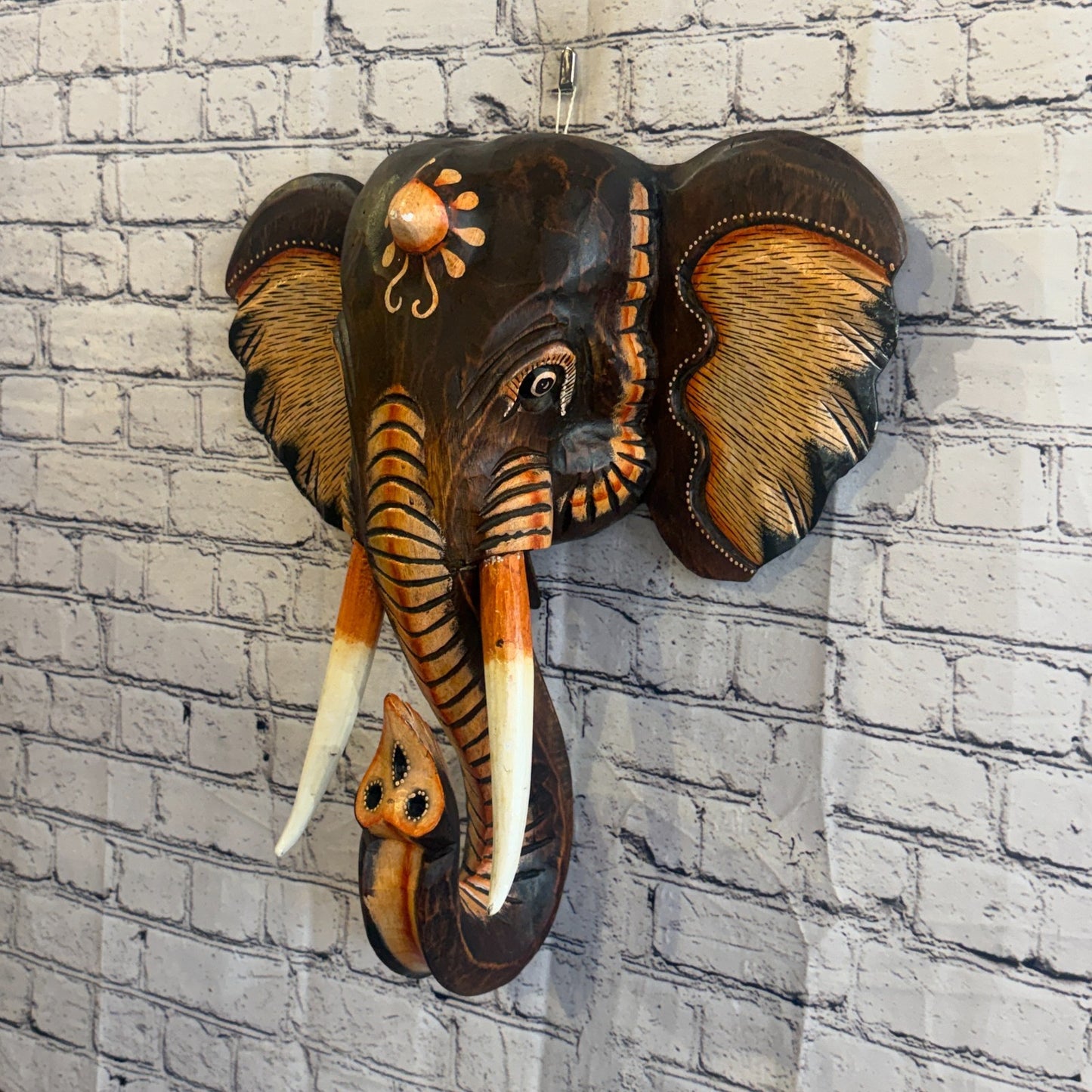 50cm x 45cm Brown Light Painted Wood Elephant Head Wall Mounted Art Shabby1