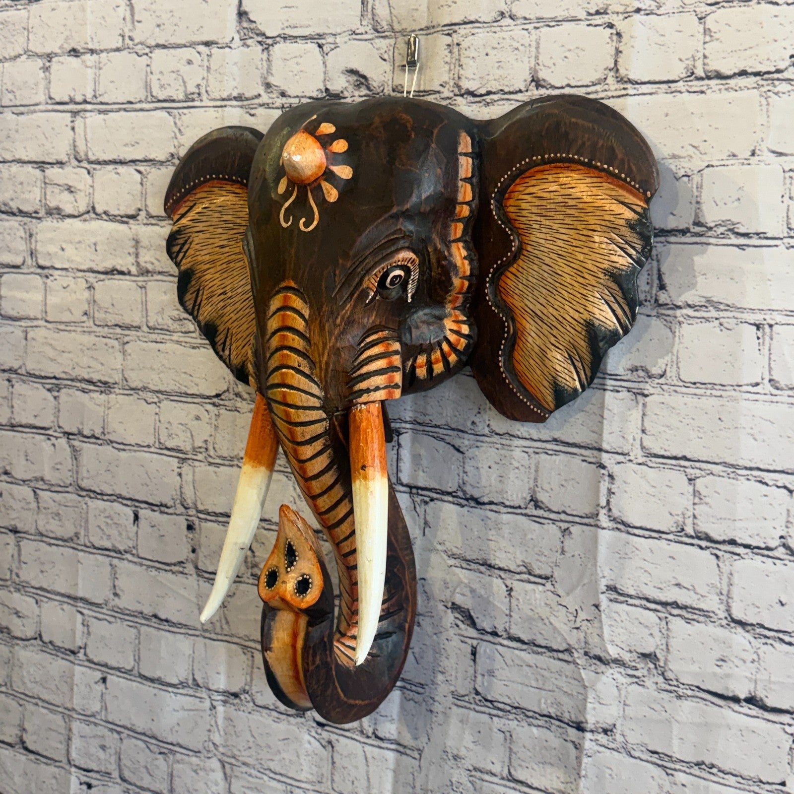 50cm x 45cm Brown Light Painted Wood Elephant Head Wall Mounted Art Shabby1