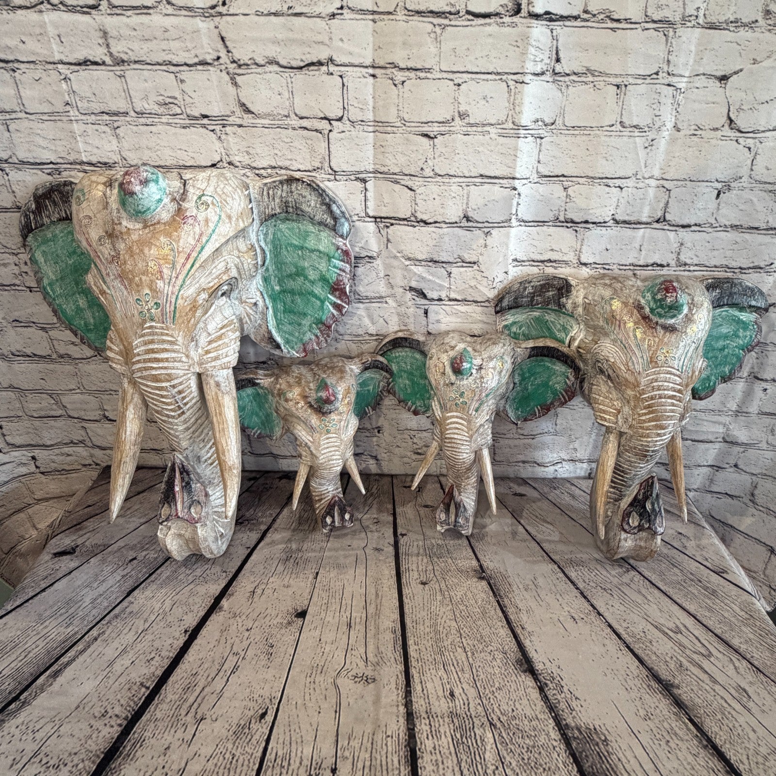 30cm x 30cm Silver Green Painted Wood Elephant Head Wall Mounted Art Shabby6