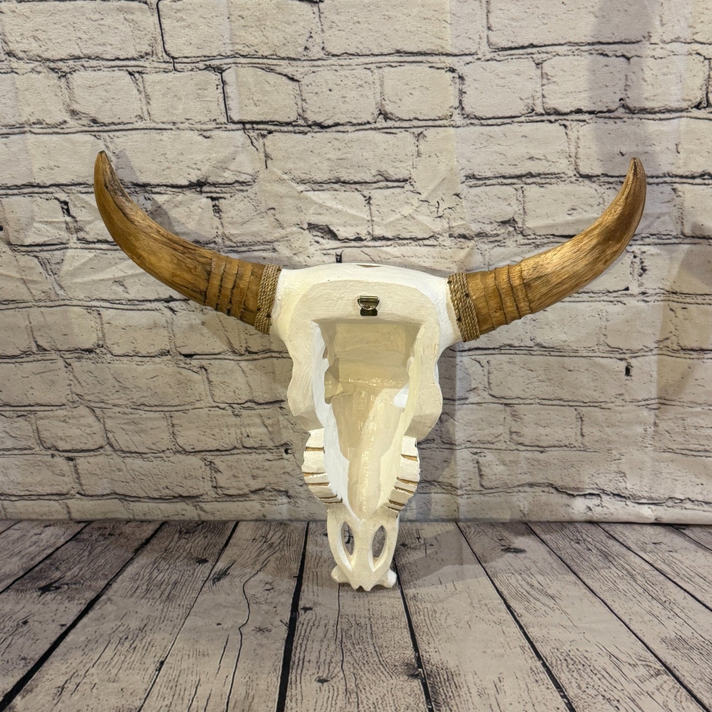 45cm x 45cm White Light Painted Wood Cow Skull Head Wall Mounted Art Shabby5