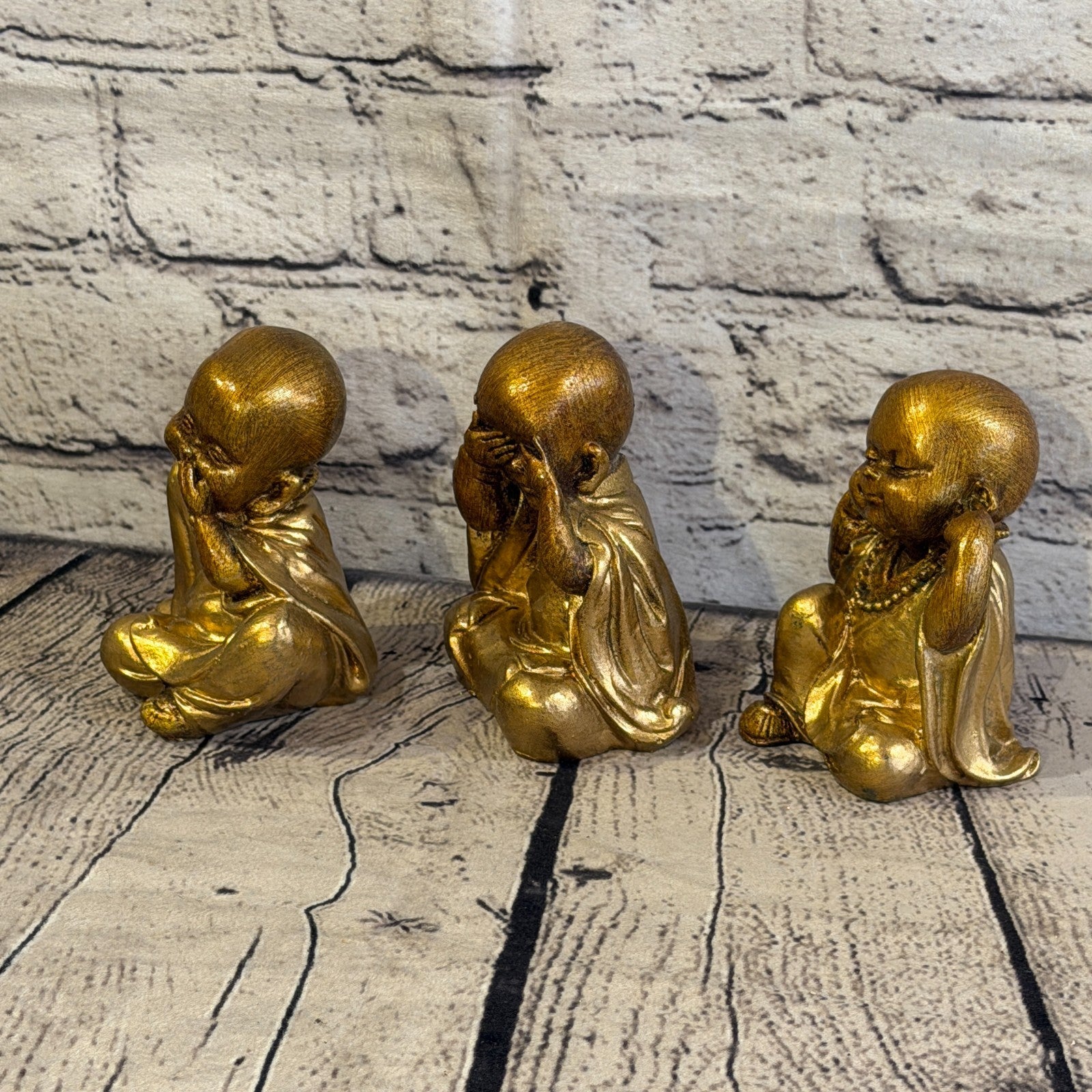 Bronze 10cm Set Of 3 Wise Buddha Monks Sitting On Seat Statue Resin Hindu1