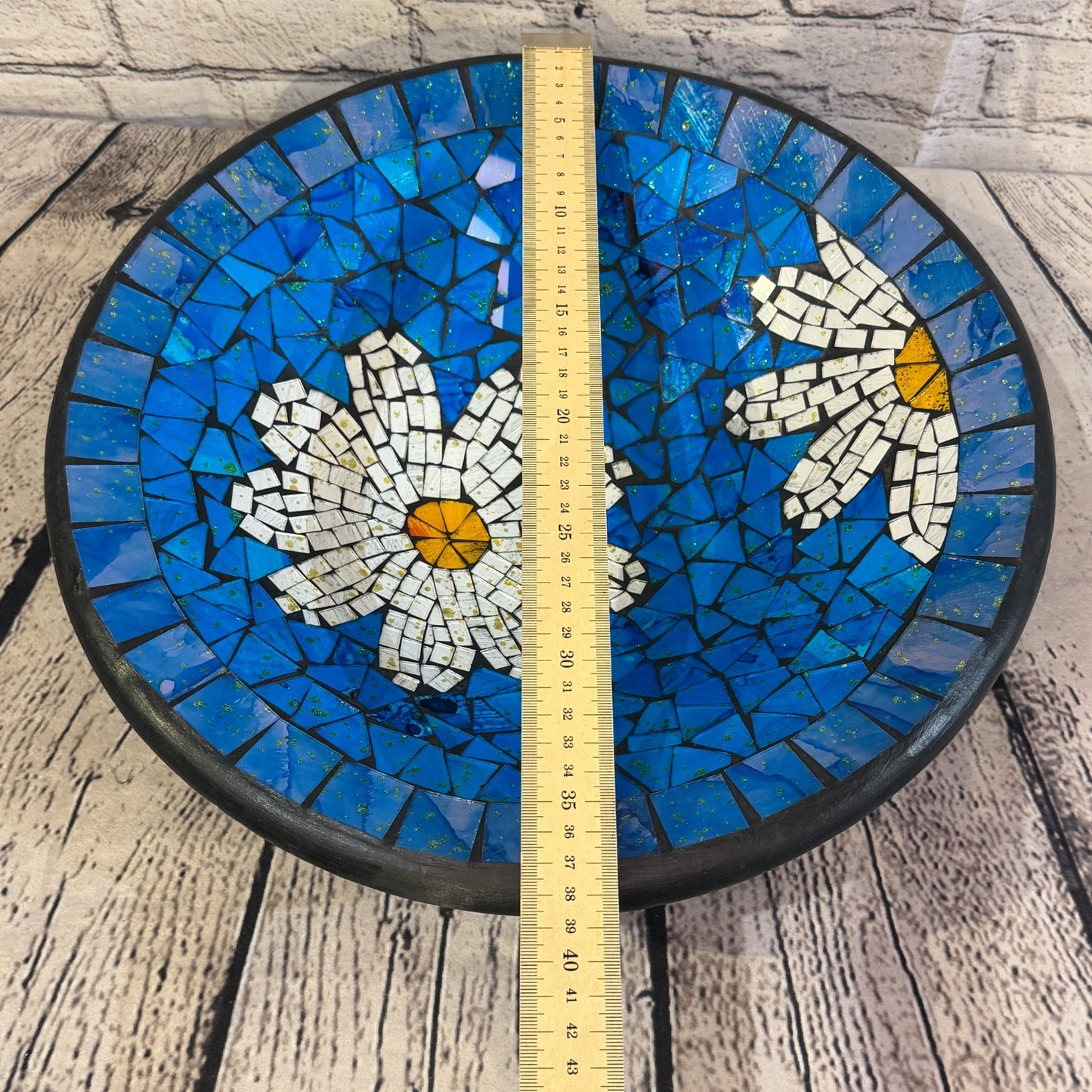 35cm Blue Daisy Flower Round Mosaic Handmade Ceramic Glass Tile Bowl Fruit2