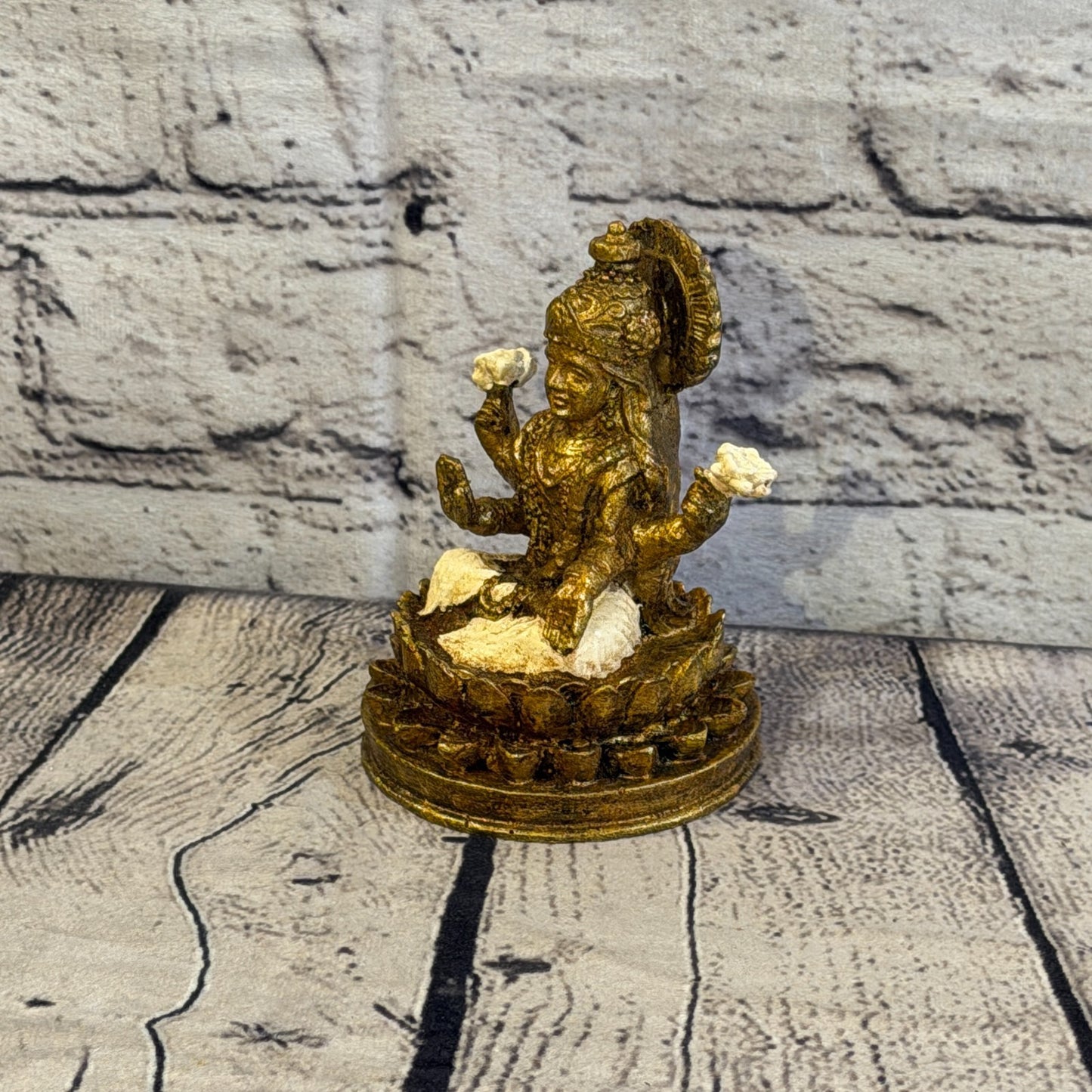 Cream & Bronze 12cm x 8cm Small Lakshmi Sitting Lotus Statue Resin Hindu God0