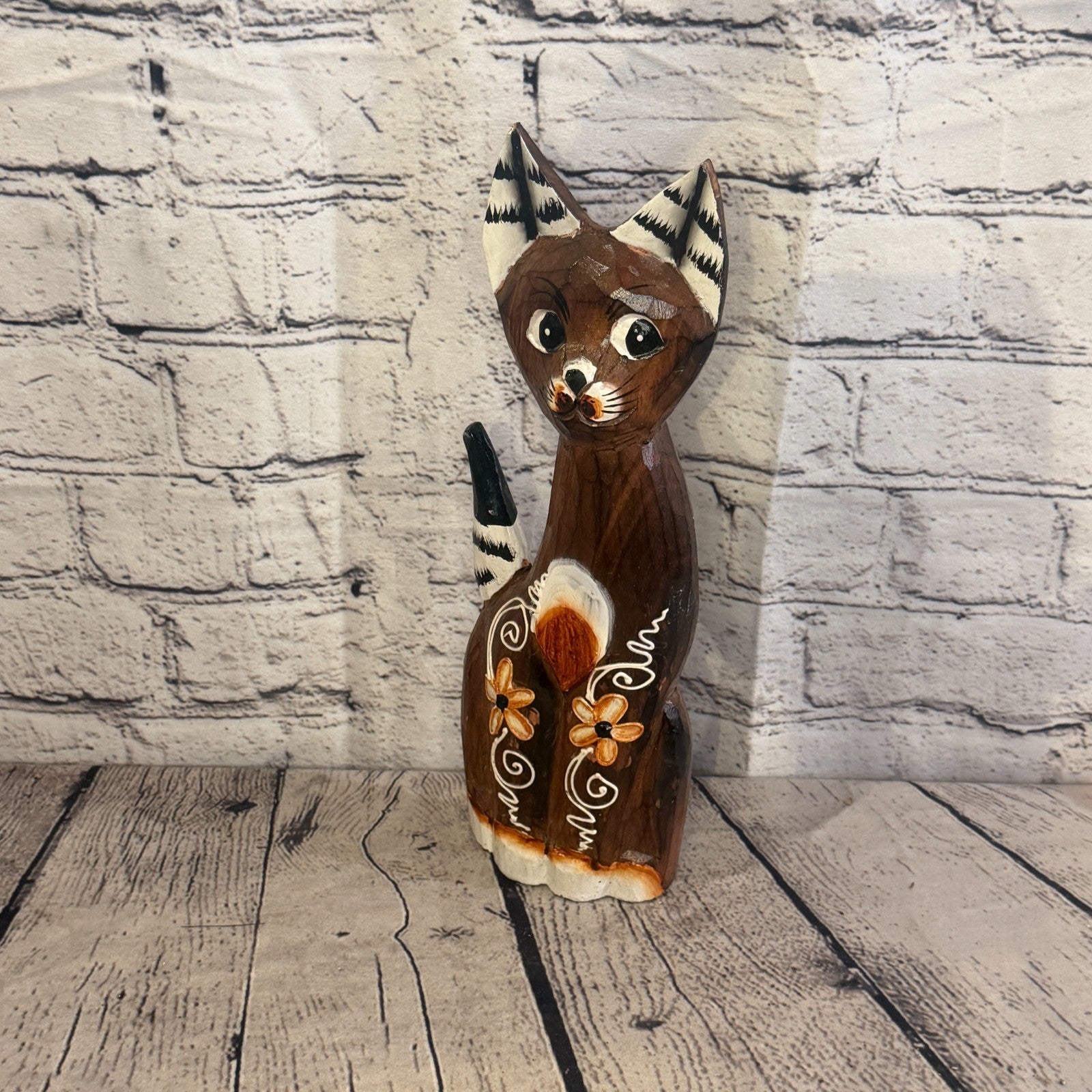 30cm Brown Flower Wooden Shabby Cat Statue Ornament Fair Trade Handcarved1