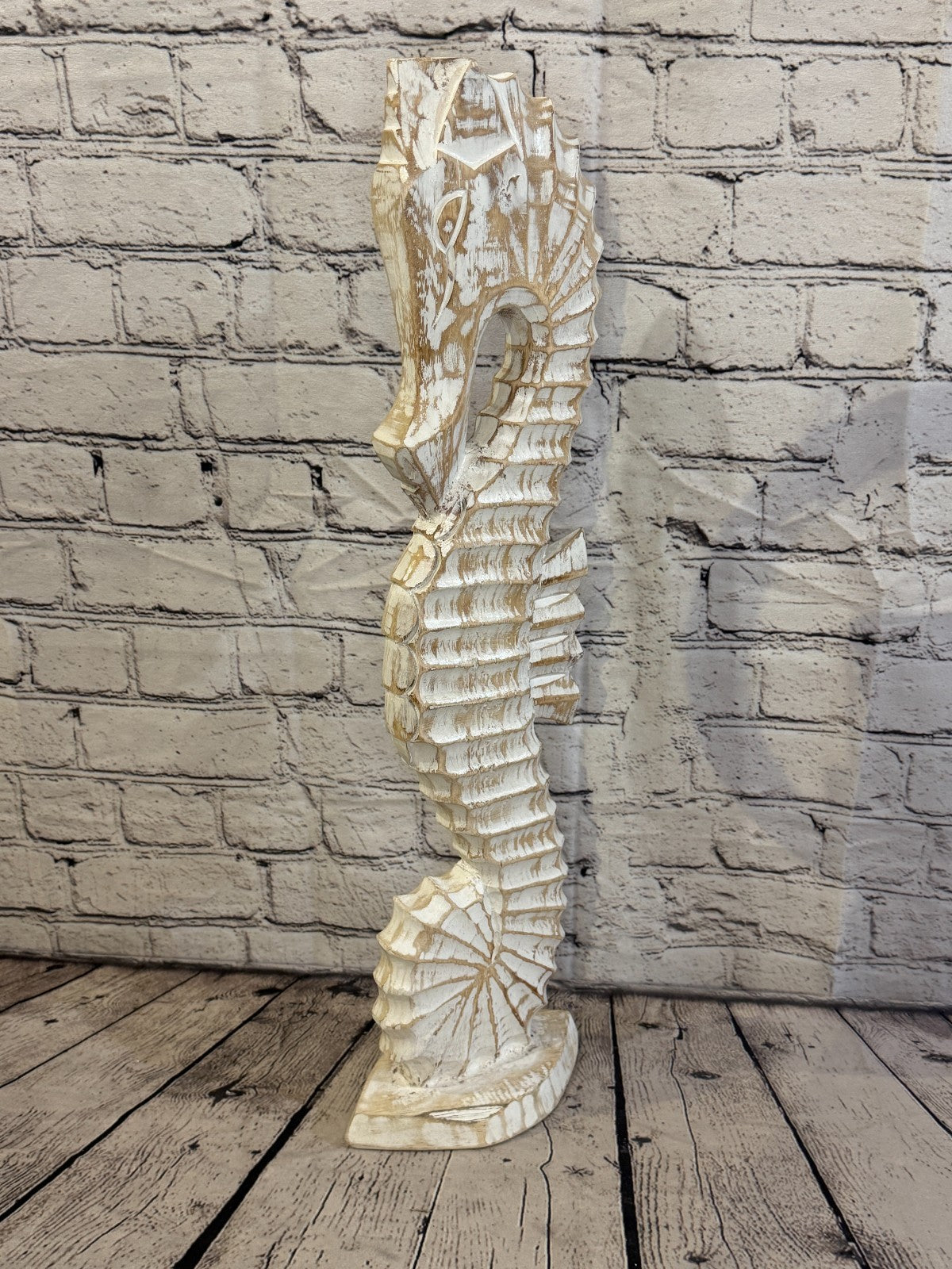 60cm White Wooden Shabby Seahorse Statue Ornament Fair Trade Handcarved0