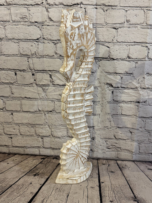 60cm White Wooden Shabby Seahorse Statue Ornament Fair Trade Handcarved0