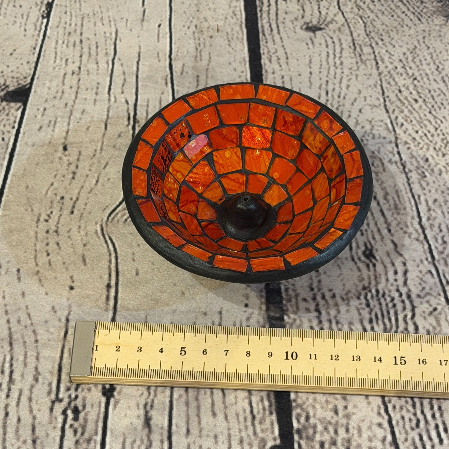 Orange Small 12cm Round Mosaic Pottery Incense Holder Burner Detail2