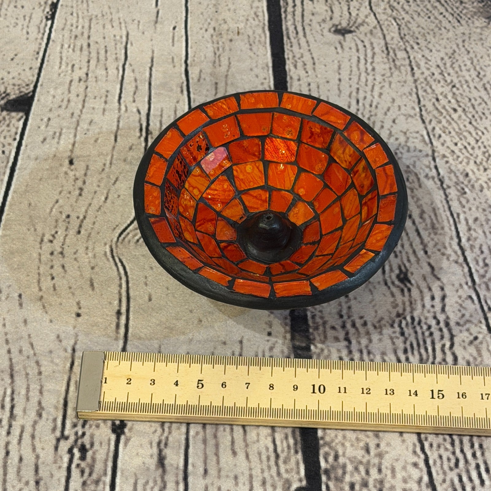 Orange Small 12cm Round Mosaic Pottery Incense Holder Burner Detail2