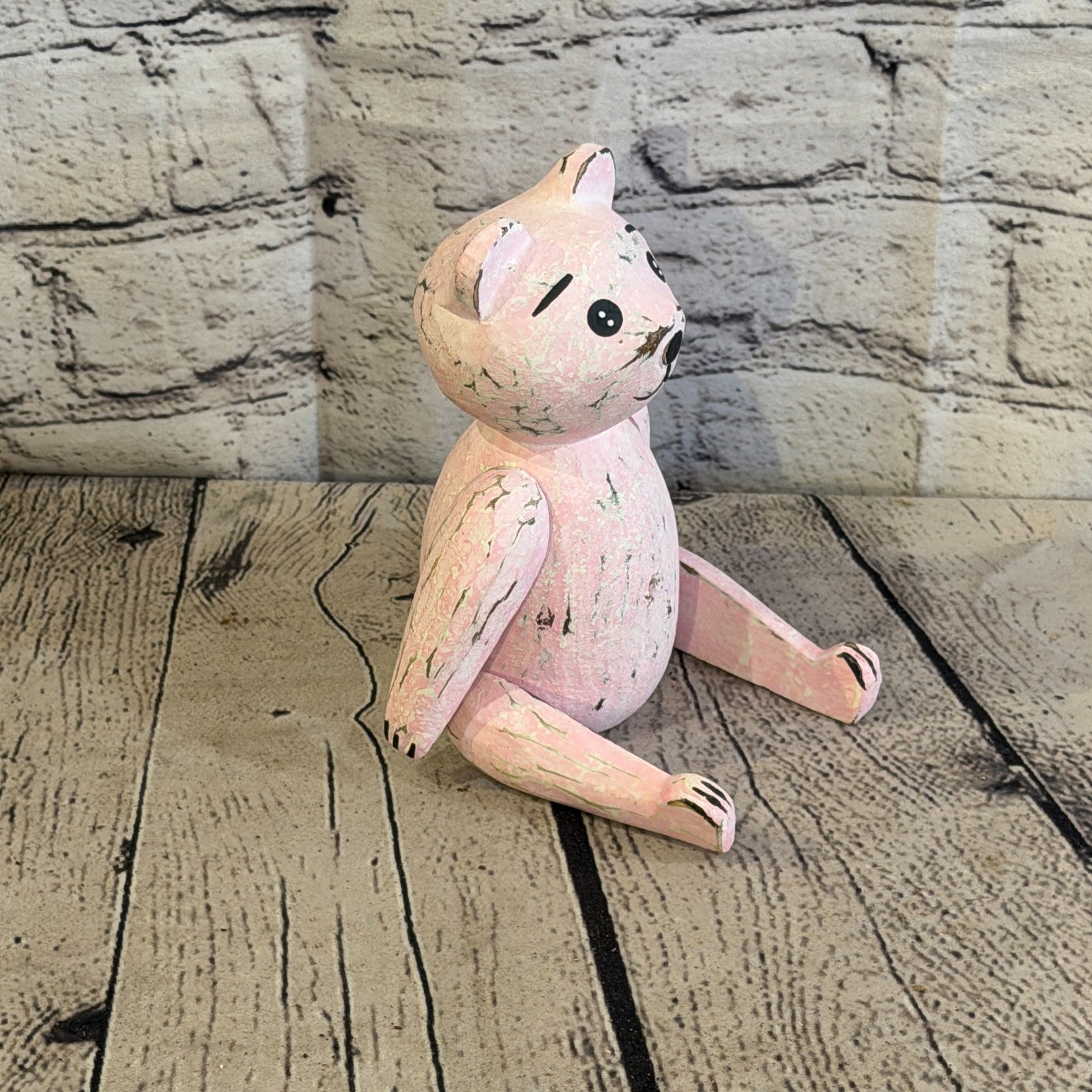 15cm Pink Teddy Bear Sitting Animal, Wooden Shelf Ornament Handmade & Fairtrade2