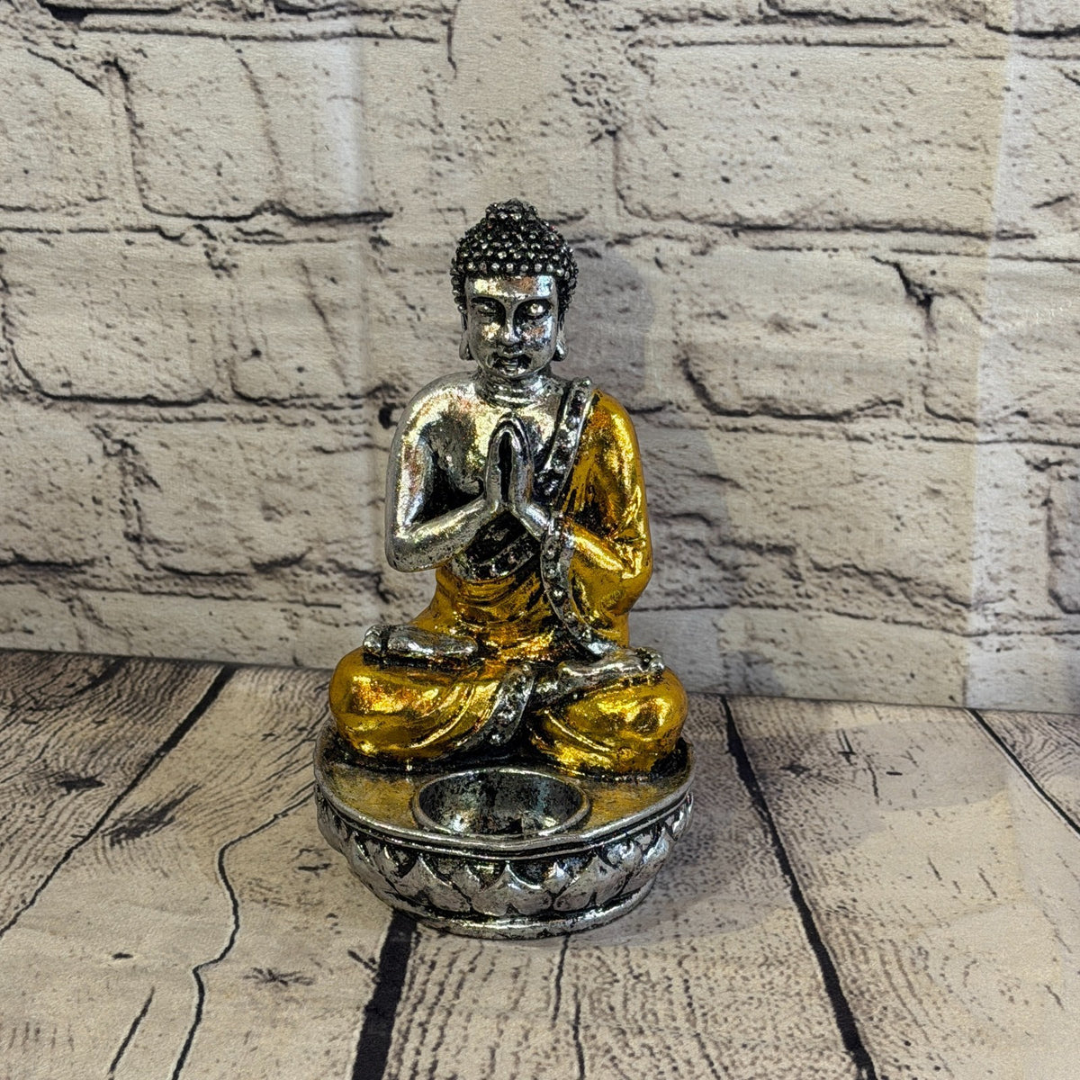 Gold & Silver 20cm x 10cm Thai Buddha Tea Light Holder Statue Resin Hindu1