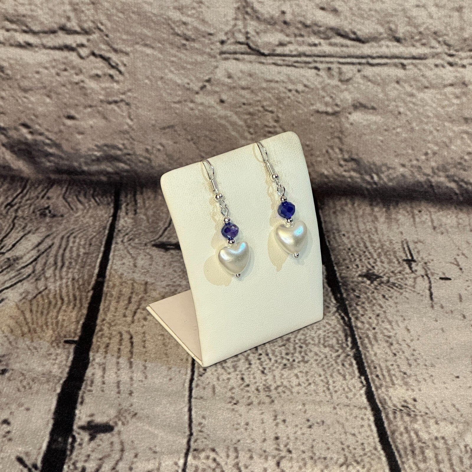 Indigo Crystal And White Heart Shaped Dangle Drop Earrings Handmade UK Jewellery2